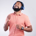 Music headphones, dance and happy black man streaming song for studio fun, freedom and wellness. Dancing energy, audio