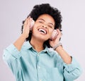 Music headphones, dance and happy black woman streaming song for studio fun, freedom and wellness. Dancing energy, audio