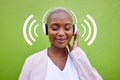 Music, headphones and happy black woman listening on green wall background overlay. Radio, smile and African person