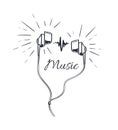 Music Headphones with Loud Sounds Playing Sketch Royalty Free Stock Photo