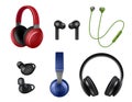Music headphones. Realistic audio symbols music modern headset decent vector collection colored set Royalty Free Stock Photo