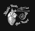 Music heals the heart in vintage style. Jazz Musical Trombone Trumpet Flute French horn Saxophone. Hand Drawn sketch for