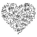 Music, heart, musical notes, treble clef and staves. Print. Black design for postcard, paper, cover Royalty Free Stock Photo