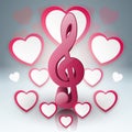 Music hearts Valentines day. Treble clef icon.