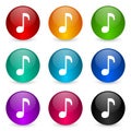 Music icon set, colorful glossy 3d rendering ball buttons in 9 color options for webdesign and mobile applications Royalty Free Stock Photo