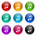 Music icon set, colorful glossy 3d rendering ball buttons in 9 color options for webdesign and mobile applications Royalty Free Stock Photo