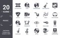 music icon set. include creative elements as stop square button, vinyls, harmony, eyes, yueqin, friction filled icons can be used