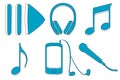 Music icons. Headphones, notes, music player, microphone, play, pause buttons, cassette blue icons. Royalty Free Stock Photo
