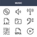 9 music icons pack. trendy music icons on white background. thin outline line icons such as forward, bass clef, medium volume .