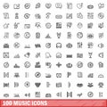 100 music icons set, outline style Royalty Free Stock Photo