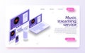 Music industry isometric poster with streaming service symbols. Multi devices music streaming laptop, smartphone, tablet