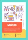 Music industry poster template layout. Entertainment business. Banner, booklet, leaflet print design with linear icons