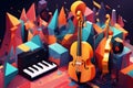 Music inspired abstract painting with vibrant colors and erratic shapes low poly, isometric 3D art