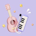 Music Instrument, Cute melodica and guitar isolated on background icon symbol clipping path. 3d render illustration Royalty Free Stock Photo