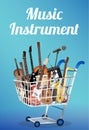 Music instrument with electric acoustic guitar bass drum snare violin ukulele saxophone keyboard microphone and headphone on a sho Royalty Free Stock Photo