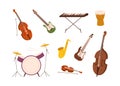 Music instrument set. Electric guitar, drum kit, saxophone, synthesizer, cello and violin. String, percussion, keyboard