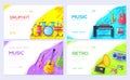 Music instruments brochure card set. Audio tools template of flyear, web banner, ui header, enter site. Concert layout