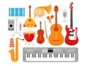 Music instruments flat vector illustrations set. Acoustic and electric guitars isolated on white background. Percussion Royalty Free Stock Photo