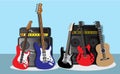 Music Instruments guitar bass and amplifier Background vector illustration. Royalty Free Stock Photo