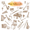 Music Instruments, Hand drawn illustration in doodle style. Vintage piaono, violin, guitar and saxophone. Big musical