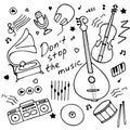 Music instruments icon set for print and digital. Hand drawn graphics. Hand-written inscription Don t stop the music. Vector