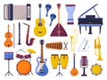 Music instruments icons. Musical electronic drum, violin clarinet and guitar. Jazz band flat cartoon elements. Flute