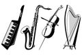 Music instruments icons set. Harp, cello, saxophone, keytar. Vector cliparts