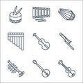 music instruments line icons. linear set. quality vector line set such as ukelele, sitar, trumpet, trombone, violin, pan flute,