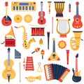 Music instruments. Musical classical instruments, guitars, saxophone, drum and violin, jazz band music instruments