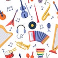 Music instruments pattern. Background with musical notes and orchestra equipment. Maraca or piano. Electric guitar