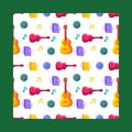 Music instruments on a seamless pattern, guitar, vinyl record player on illustration Royalty Free Stock Photo