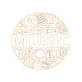 Music items background. Musicians instruments for recording audio studio vector icon in circle shape