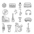 Music items icons set. Hand drawn sketch with notes, instruments, guitar, headphone, drums, music player