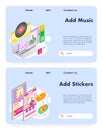 Music karaoke. Vinyl disk. Girl uses stockers and smiles in online video chat. Vector web site design template. Landing