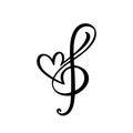 Music key and heart abstract hand drawn vector logo and icon. Musical theme flat design template. Isolated on the white background