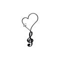 Music key with heart hand drawn, vector illustration