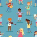 Music kids vector cartoon characters set of children singing or playing musical instruments guitar, violin and flute in Royalty Free Stock Photo