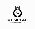 Music lab logo design. Chemistry flask and headphone vector design