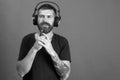 Music and leisure concept. Singer with beard and admired face listens to music. Dj with beard wears headphones, copy Royalty Free Stock Photo