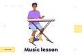 Music lesson landing page design template with happy satisfied teenager boy playing synthesizer