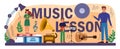 Music lesson typographic header. Students learn to play music at music club