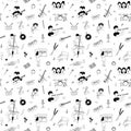 Music lessons students different musical instruments seamless doodle pattern