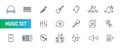 Music line icon set. Music DJ radio speaker. Icons sound microphone music note, song guitar jazz voice thin icon set