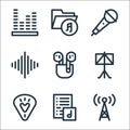 music line icons. linear set. quality vector line set such as antenna, playlist, guitar pick, music stand, audio waves, microphone Royalty Free Stock Photo