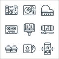 music line icons. linear set. quality vector line set such as music app, cd, bongos, playlist, partiture, cassette, piano,