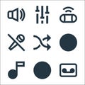 music line icons. linear set. quality vector line set such as cassette, cd burning, music note, vinyl, shuffle, mute, portable