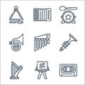 music line icons. linear set. quality vector line set such as cassette, sheet music, harp, clarinet, chimes, french horn, drum, Royalty Free Stock Photo