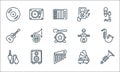 music line icons. linear set. quality vector line set such as clarinet, chimes, audio jack, gramophone, woofer, guitar, violin, mp