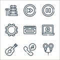 music line icons. linear set. quality vector line set such as earphones, music, guitar, music player, harmonica, tambourine, pause