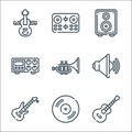 music line icons. linear set. quality vector line set such as guitar, vynil, electric guitar, sound, trumpet, amplifier, woofer, Royalty Free Stock Photo